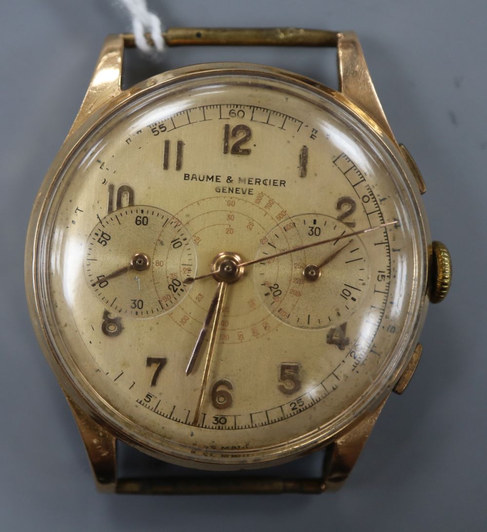 A 1950s? gilt metal Baume & Mercier chronograph manual wind wrist watch, no strap, diameter 38mm,